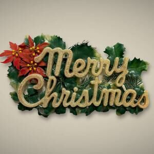 Vintage 1950s Gold Glitter “Merry Christmas” Plastic Sign with Poinsettias